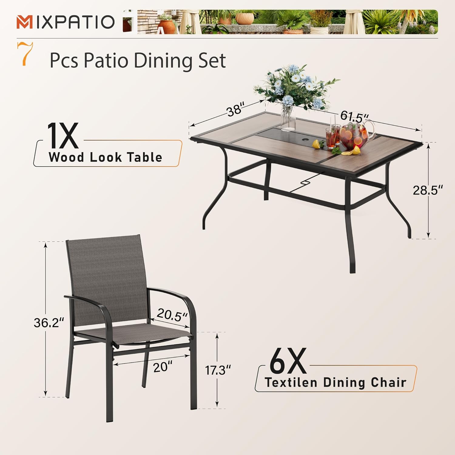 MIXPATIO Outdoor Patio Dining Set 7 Piece Furniture Set with 6 Brown Textilene Chairs and Wood-Like Table Top Rectangular Table for Deck Garden Backyard Lawn Poolside