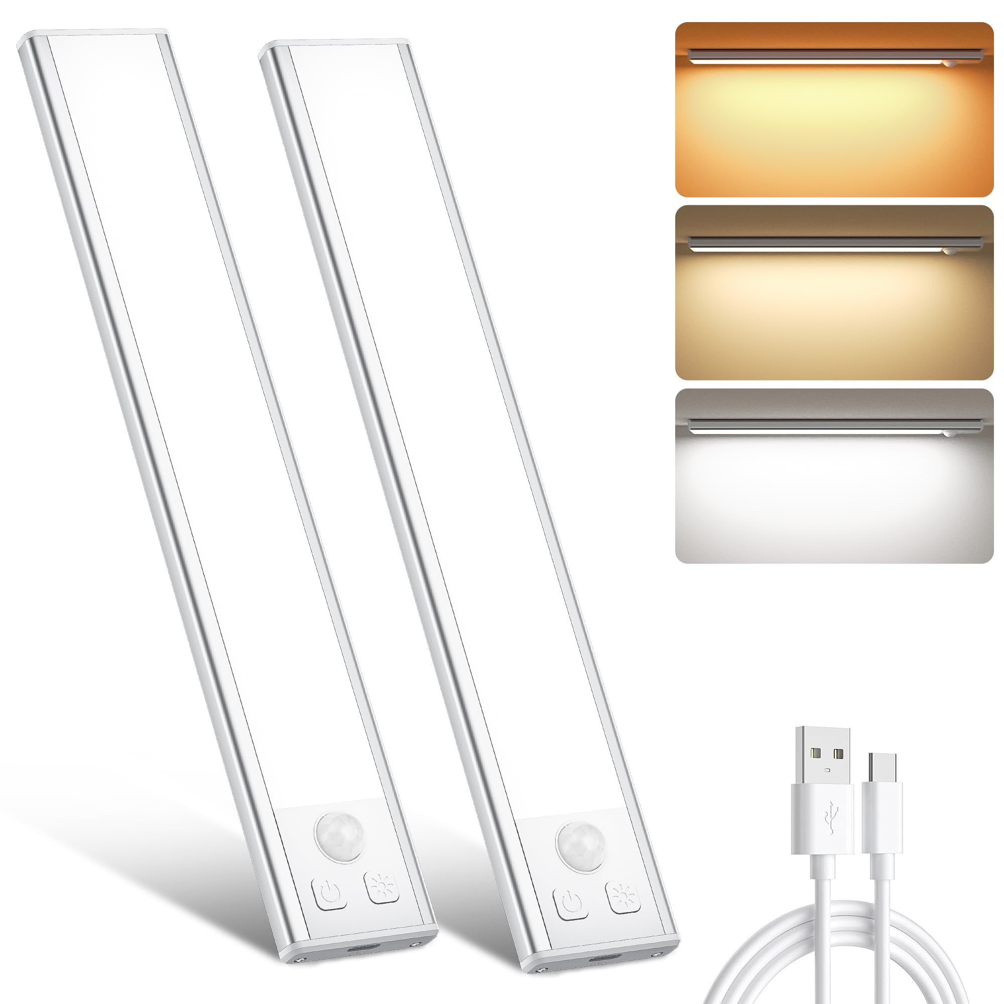 Ylatoial Under Cupboard Kitchen Lights, 2 Pack 20.5cm 3 Color Temperature Dimmable 1000mAh Rechargeable Magnetic LED Motion Sensor Lights Indoor for Cabinet