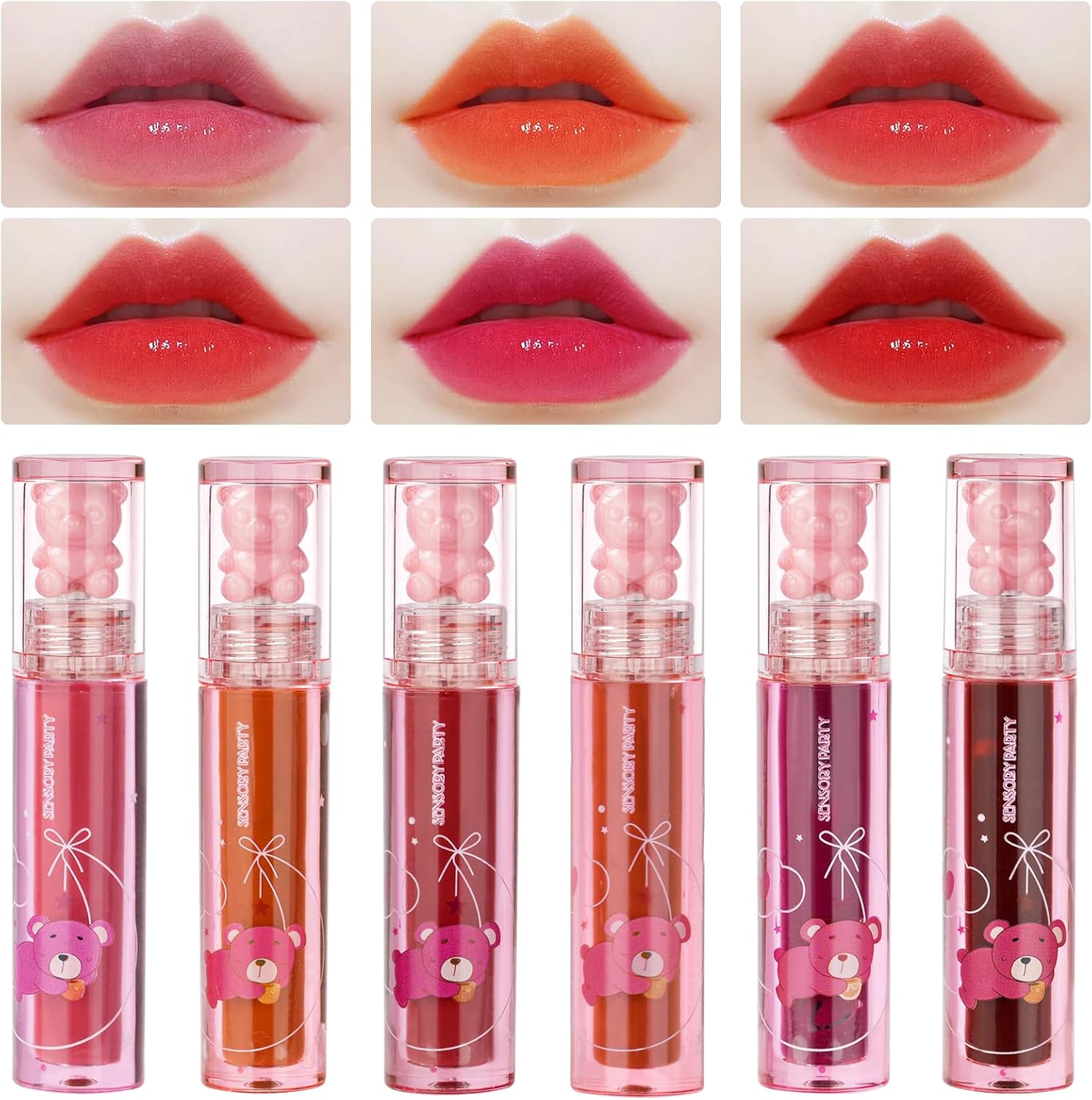 Bear Lip Glaze Jelly Lipgloss, 6 stuks glanzende lip make-up voor vrouwen en meisjes, lip olie en lip gloss set, langdurige plumping lip olie, lip glazuur, hydraterende niet-plakkerige lip glanzende
