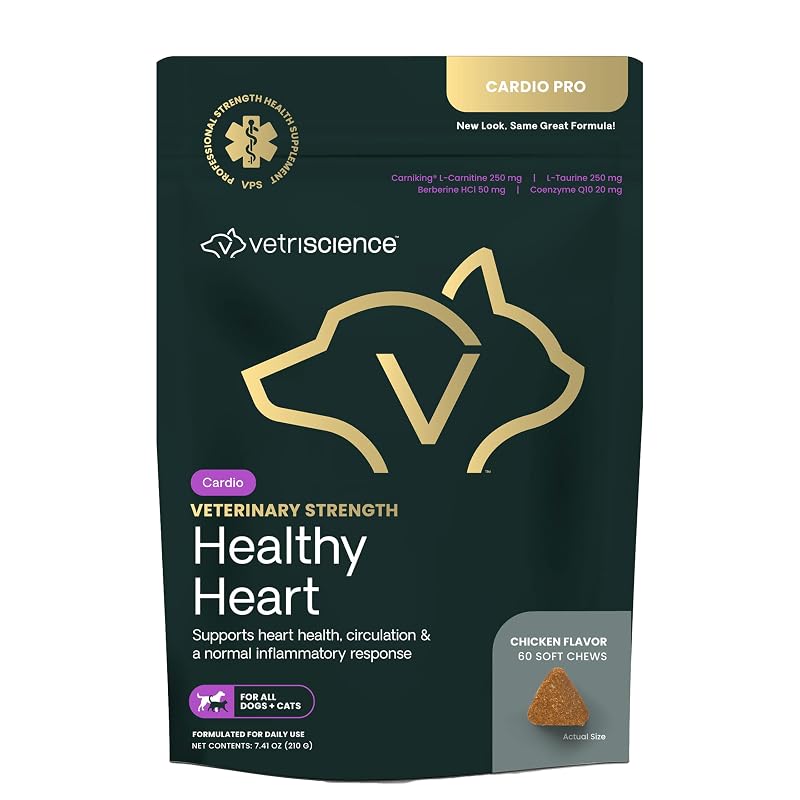 Suplemento Fitoterápico para Coração de Gatos e Cães VETRISCIENCE com Coenzima Q10 e Vitamina E, Sabor Frango e Fígado, 60 Tabletes Macios