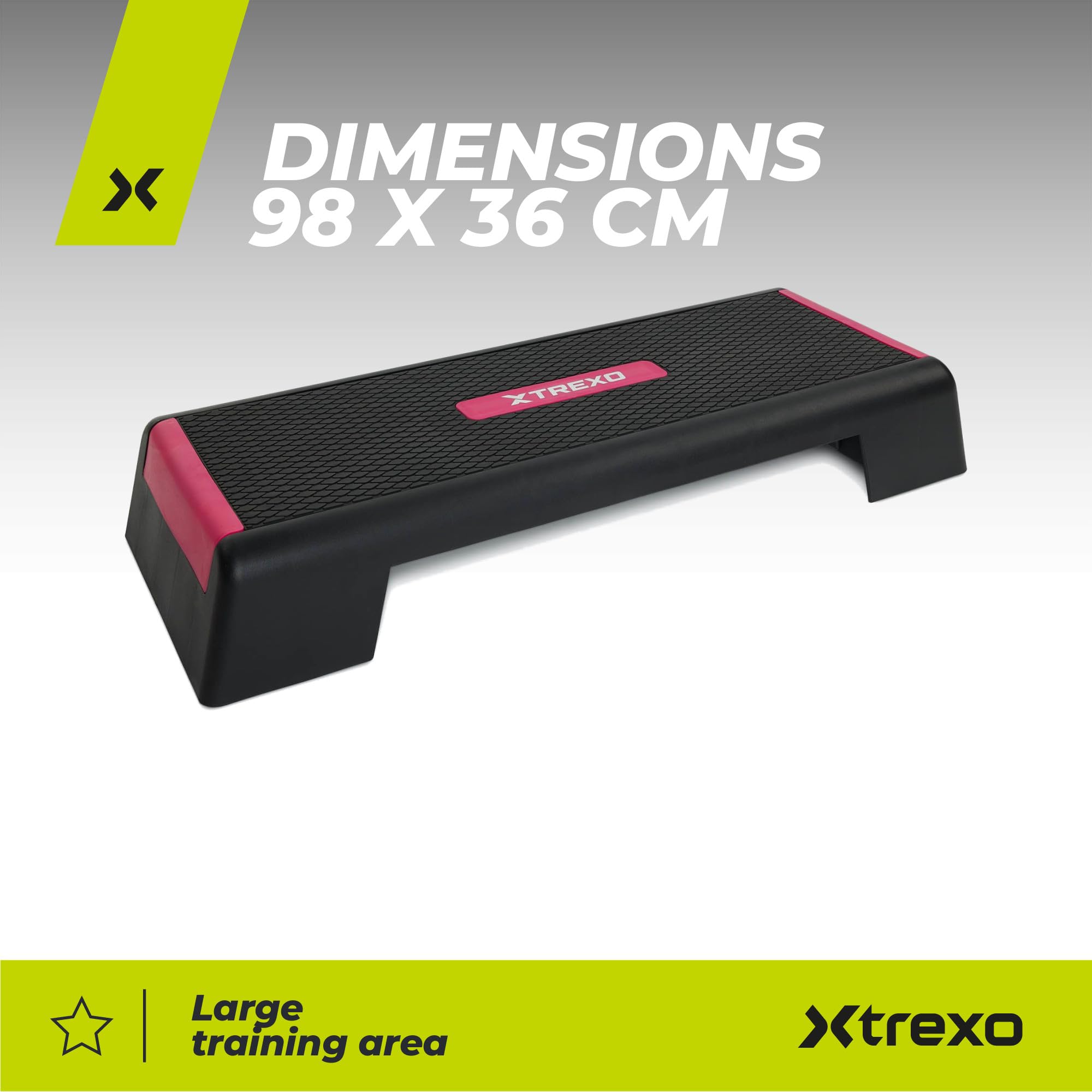 TREXO Paso aeróbico 98 x 38 cm para entrenamiento cardiovascular y fitness, altura regulable 15-20-25 cm, polipropileno duradero y TPR aeróbic step de alta calidad hasta 250 kg, color rosa