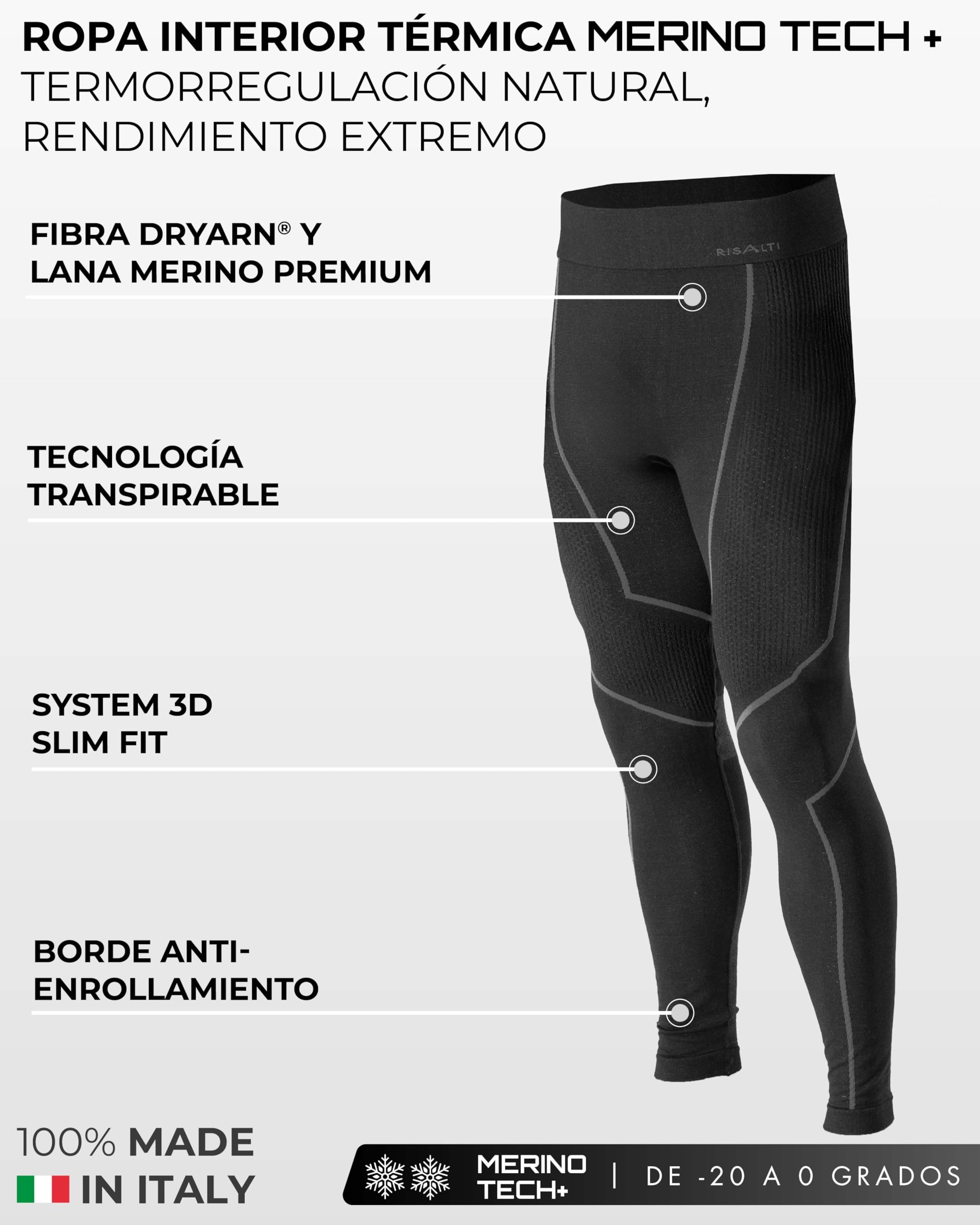 Risalti Ropa Termica Hombre Frio Lana Merino Tech – Camiseta Termica Hombre Manga Larga y Mallas Lana Merinos, Ropa Interior Invierno Transpirable y Termorreguladora, Seamless – Made in Italy