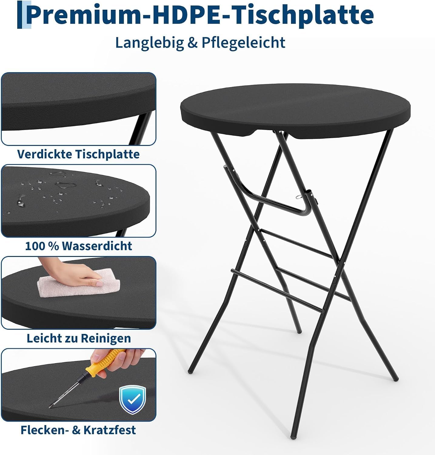 2 Set Klappbarer Stehtisch Rund 80cm x 110cm HDPE Tischplatte Wasserdicht Bistrotisch Bartisch Robust Outdoor Gastro Party Garten Hochzeit, Schwarz