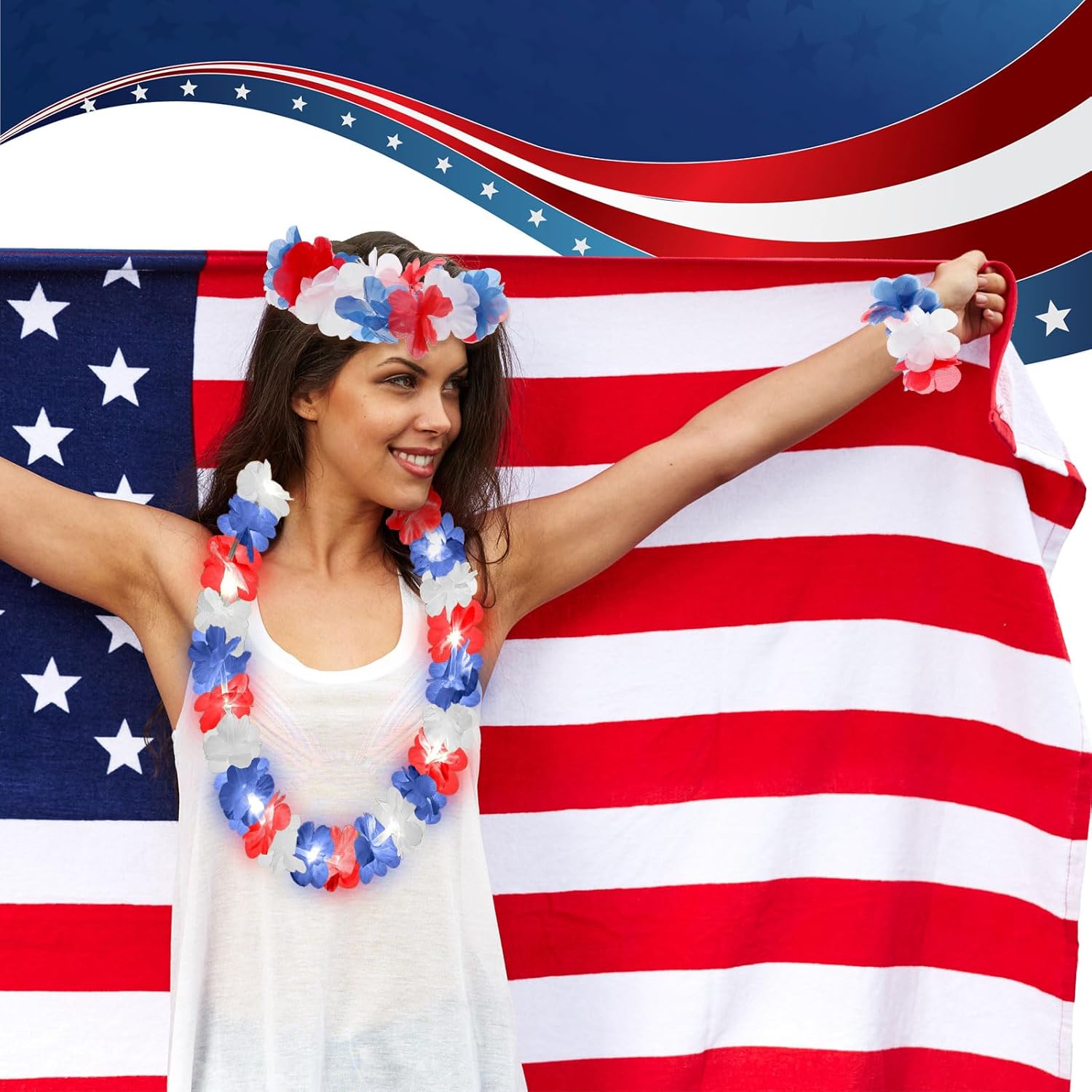 Sherr 48pcs LED 4th of July Hawaiian Leis Set Red White Blue Light up Flower Necklace Bracelets Patriotic Headband LED Leis for Memorial Decorate Wedding Beach Carnival Pride Luau Party Accessories