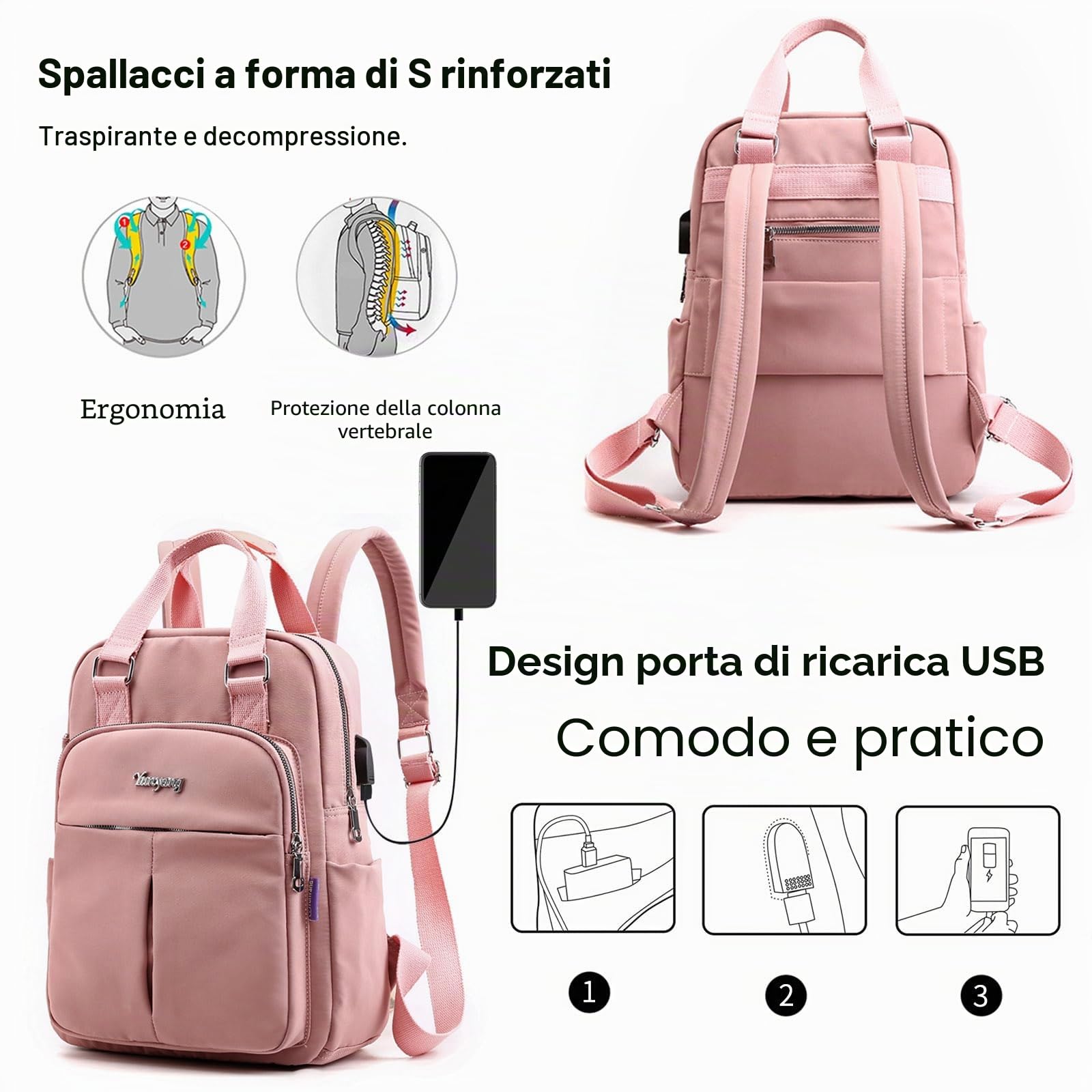FANDARE Zaini Casual Laptop Borsetta Zainetto Cartelle Donna Zaino Scuola con USB Adolescente Borse a Zaino Ragazza Zainetti Daypacks per All'aperto Viaggio Shopping Impermeabile Nylon
