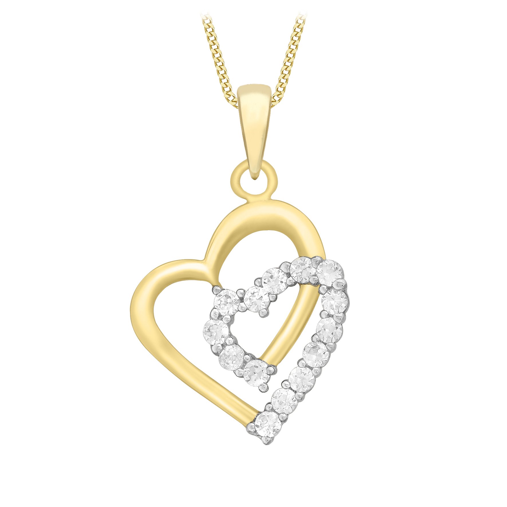 CARISSIMA Ciondolo Doppio Cuore In Oro Giallo 9ct Con Zirconi Cubici – Collana Groumette 46 Cm Inclusa, Made In Italy - 2