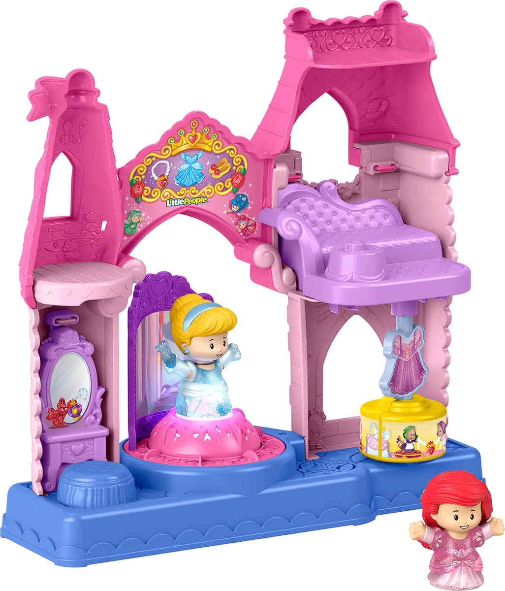 Tienda de vestidos brillantes y brillantes de princesas Disney de Fisher-Price Little People | Juego con luces y sonidos, juego de simulación con figuras de Cenicienta y Ariel, niños pequeños y mayores de 18 meses