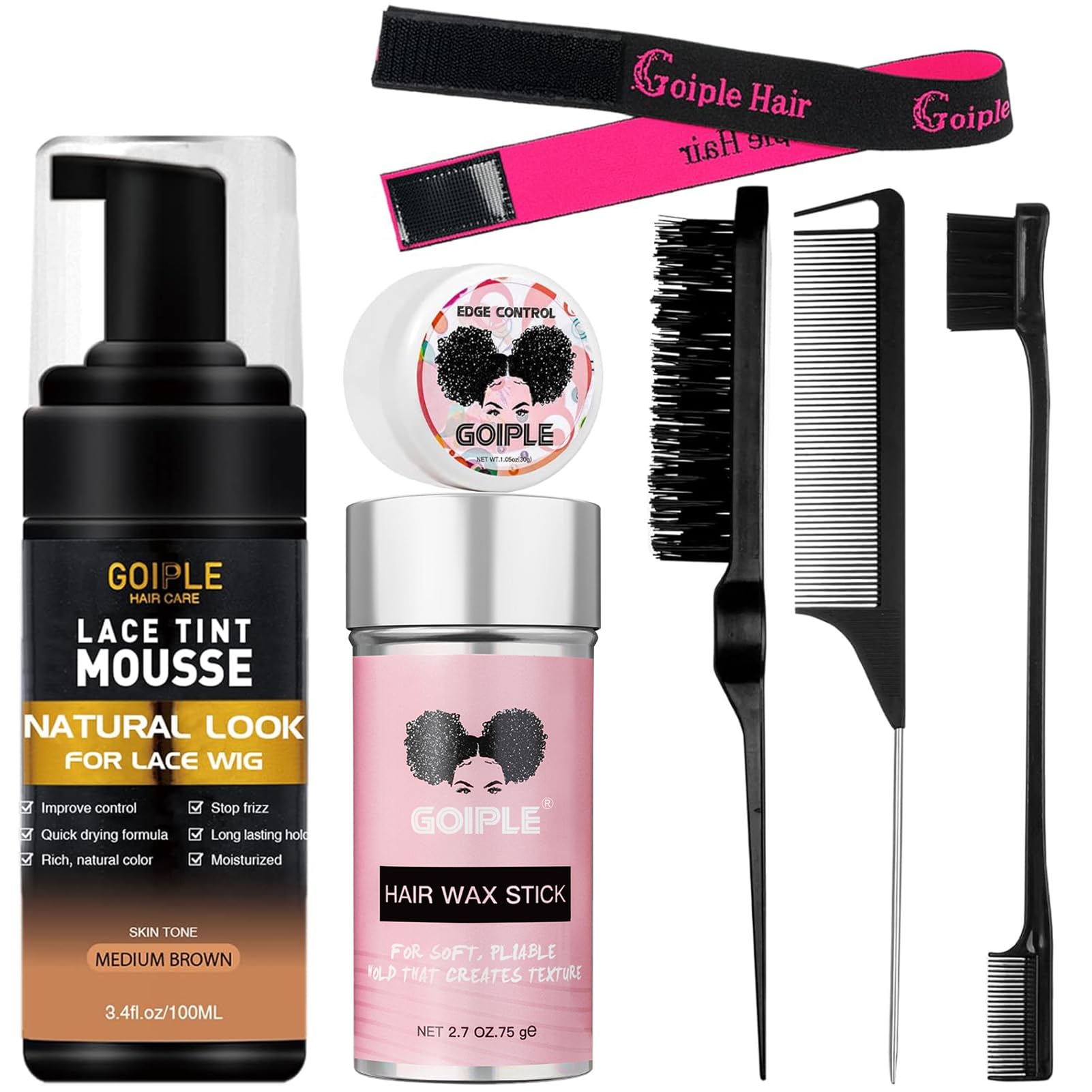 Lace Tint Hair Mousse for Women's Wigs, Toupees, and Hairpieces - 3.4 fl oz Natural Finishing Color Foam Tint With Hair Wax Stick (Medium Brown)