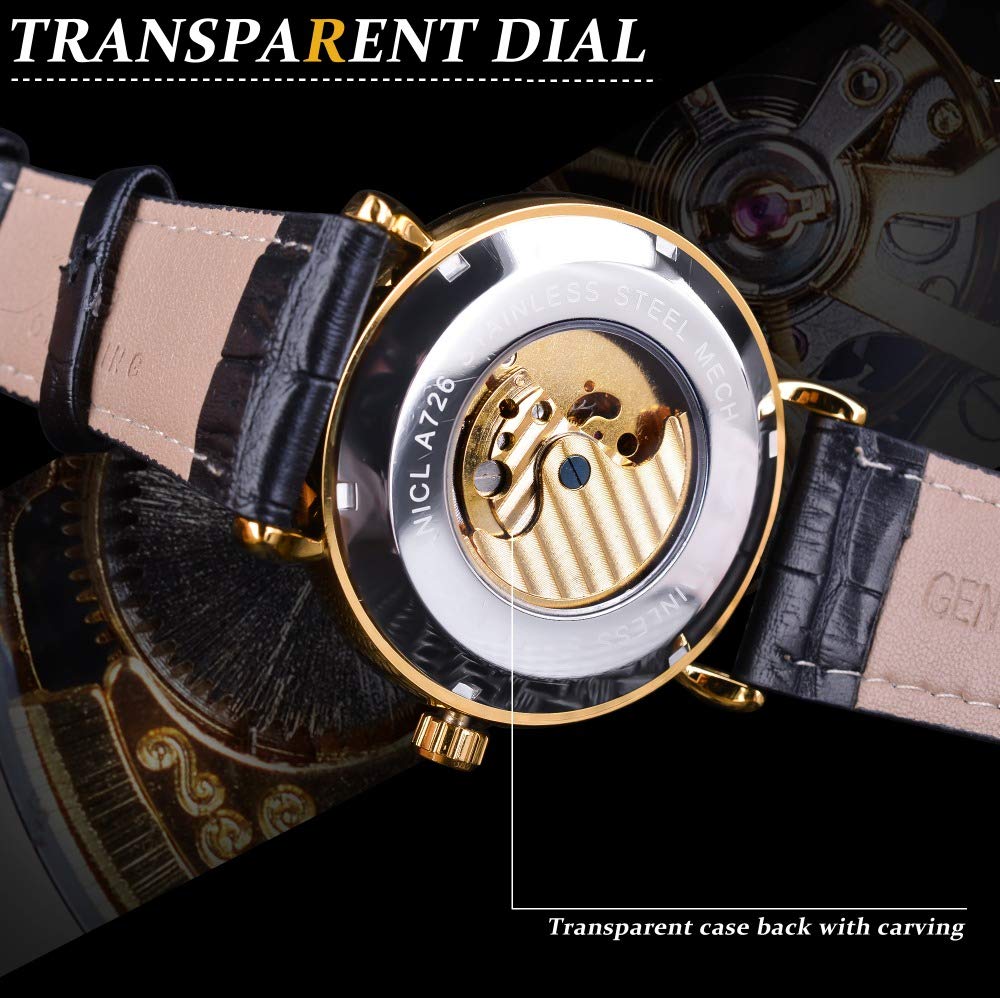 FORSINING Herren Analog Automatik Uhr Vintage AM/PM Sonne Mond Skeleton mit Kalbsleder aus Leder Armband