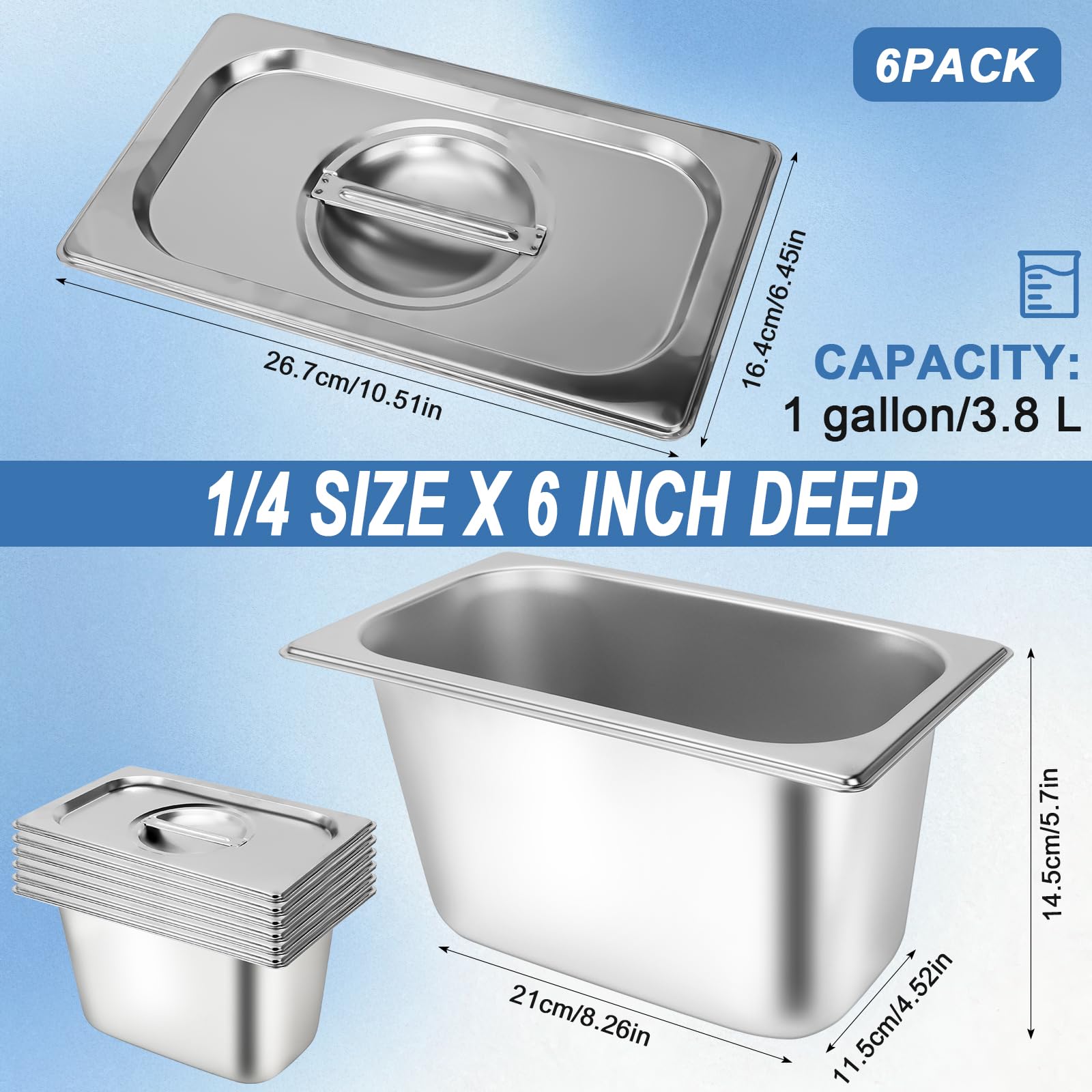 6 Stück GN 1/4 Behälter mit Deckel, Gastronormbehälter Edelstahl mit Deckel, 27 x 16 x 15cm, Stapelbare Hotelpfannen für Buffet, Zutatenstation, Panierstation Meal Prep Warmhaltebehälter