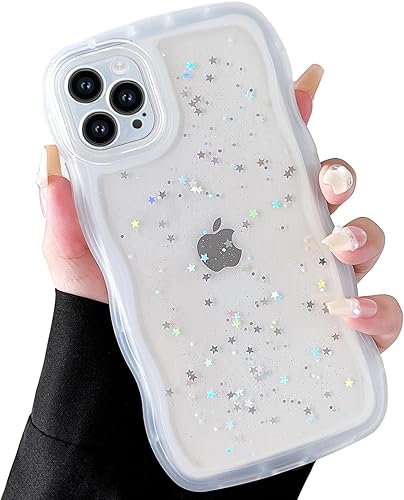Miniatura 2 de Qokey Funda para iPhone 13 Pro Max de 6.7 pulgadas, diseño de borde ondulado rizado, transparente, con purpurina brillante, bonita funda