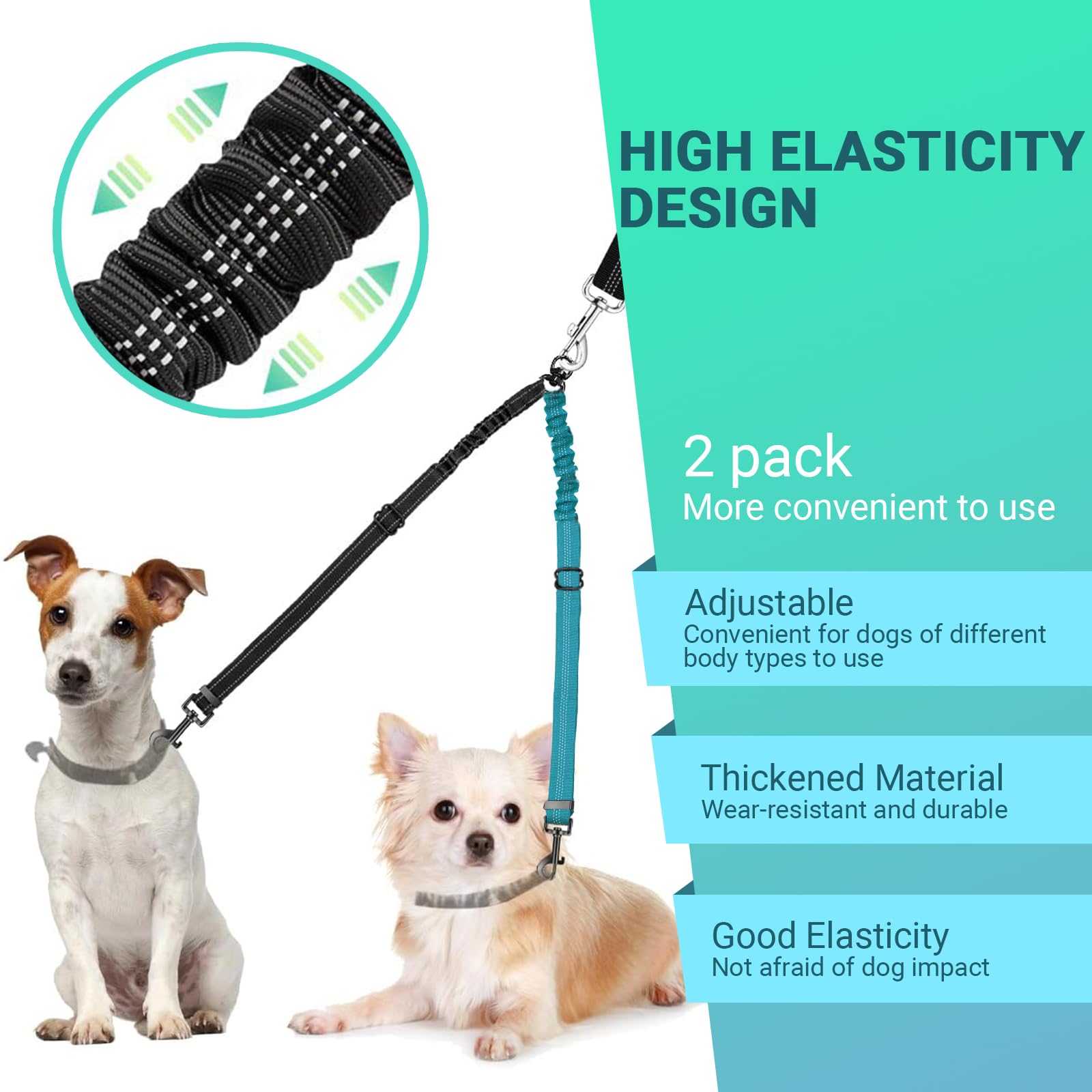 Double Dog Leash for 2 Dogs Tangle-Free,Safety Handle,360° Swivel,Reflective,Adjustable Shock Absorbing Bungee Lead - Image 4