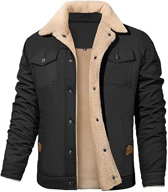 Mens Winter Lapel Cargo Military Trucker Work Cotton Jacket Fleece-Lined Warm Utility Coat for Outdoor Hiking Camping