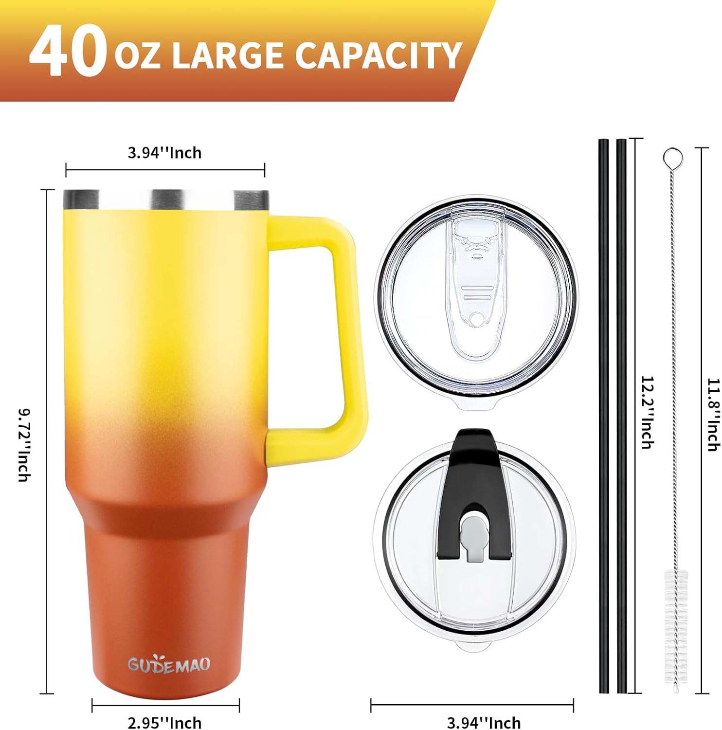 40 oz Tumbler with Handle, Insulated Tumbler with Lid and Straw, Reusable Stainless Steel Vacuum Insulated Cup, 100% Leak Proof Thermal Travel Coffee Mug Cup for Cold and Hot (Gold Orange) - Image 2