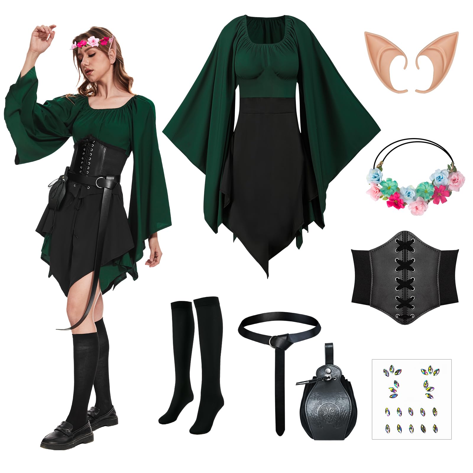 Lot de 8 robes médiévales pour femme - Robe irlandaise traditionnelle Renaissance avec oreilles d'elfe - Robe de cosplay victorienne d'Halloween