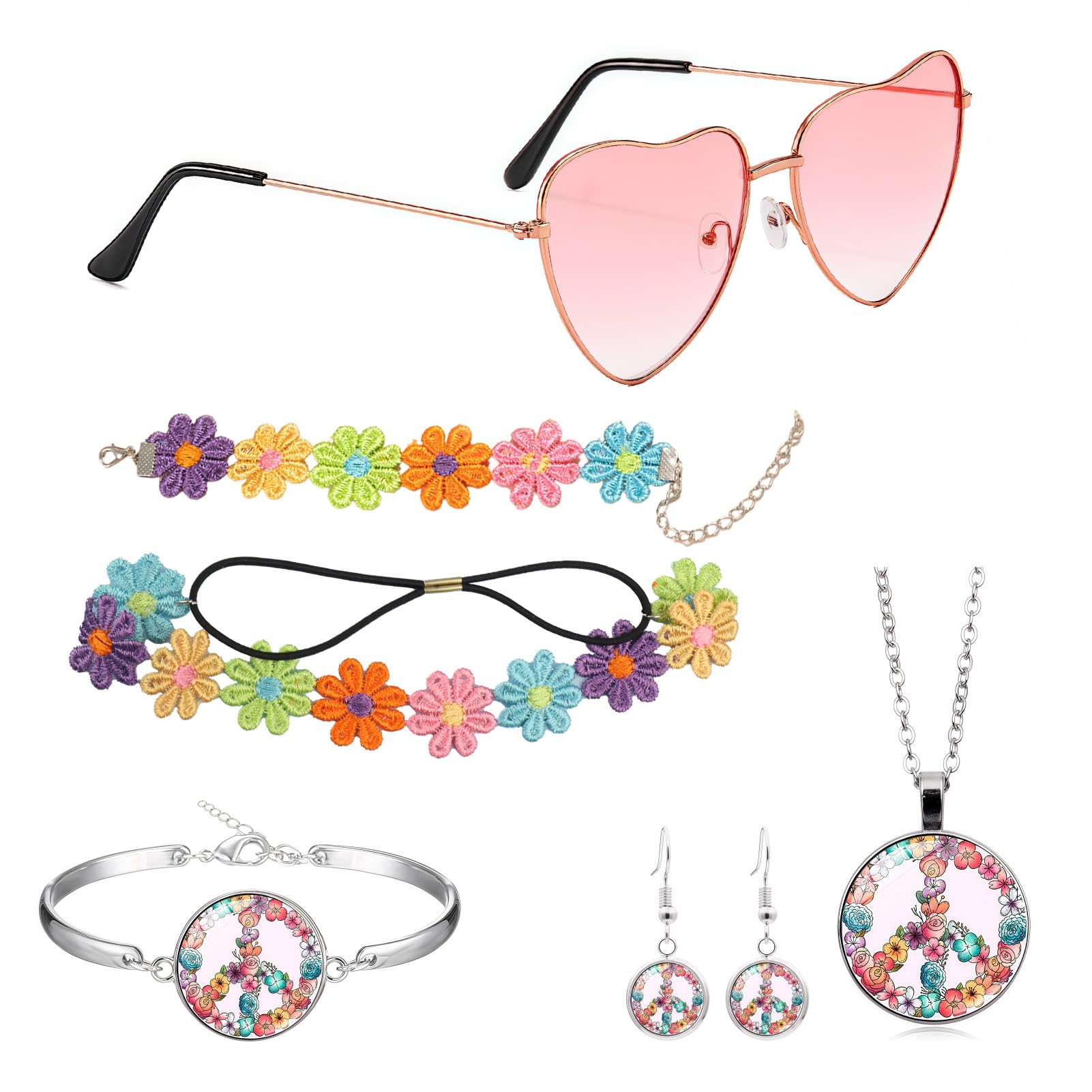 7 PCS de Accesorios de Disfraz Hippi, Conjunto de Disfraz Hippie para Mujer Hombre Años 60 y 70 Collares y Pendientes con el Signo De La Paz Pulseras Diadema Gafas Hippie para Fiesta Carnaval Temática