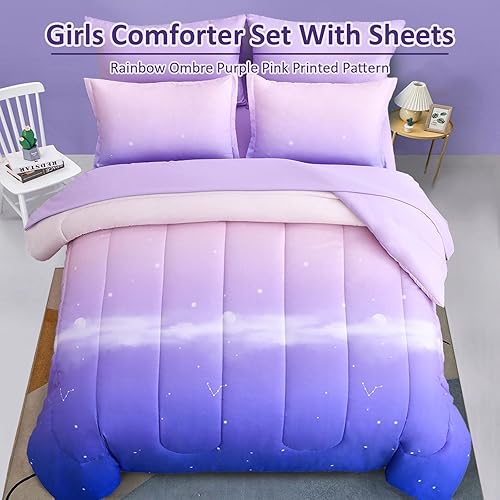 Miniatura 10 de Juego de edredón para niñas, tamaño Queen, colorido, azul, rosa, morado, arcoíris, juego de ropa de cama de 7 piezas en una bolsa para niños,