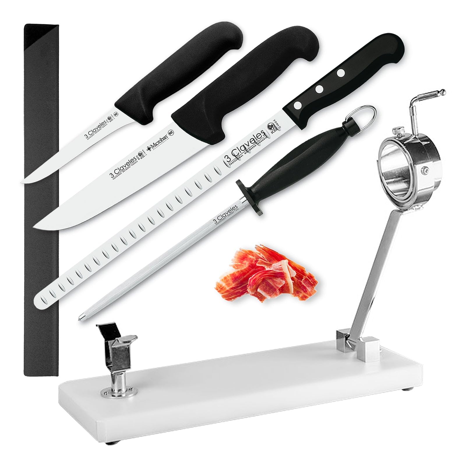 Juego Profesional de Soporte Jamonero Plegable en Acero Inoxidable y Cuchillos 3 Claveles, Funda y Chaira (MBLANC Blanco)