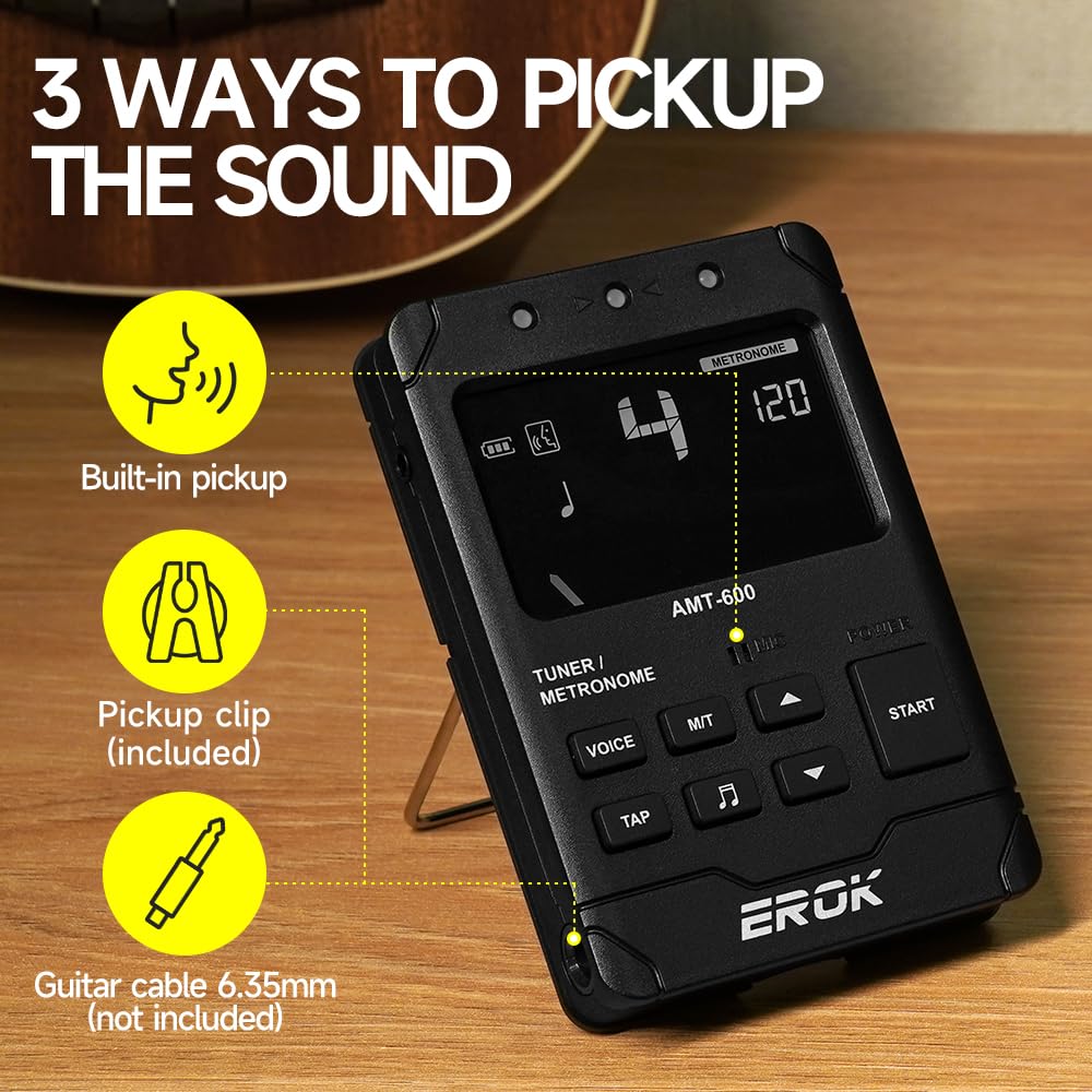 EROK Metrónomo y sintonizador digital recargable, todo en uno con salida de auriculares estéreo, contador de voz, apto para guitarra, bajo, violín, instrumentos de cuerda (negro)