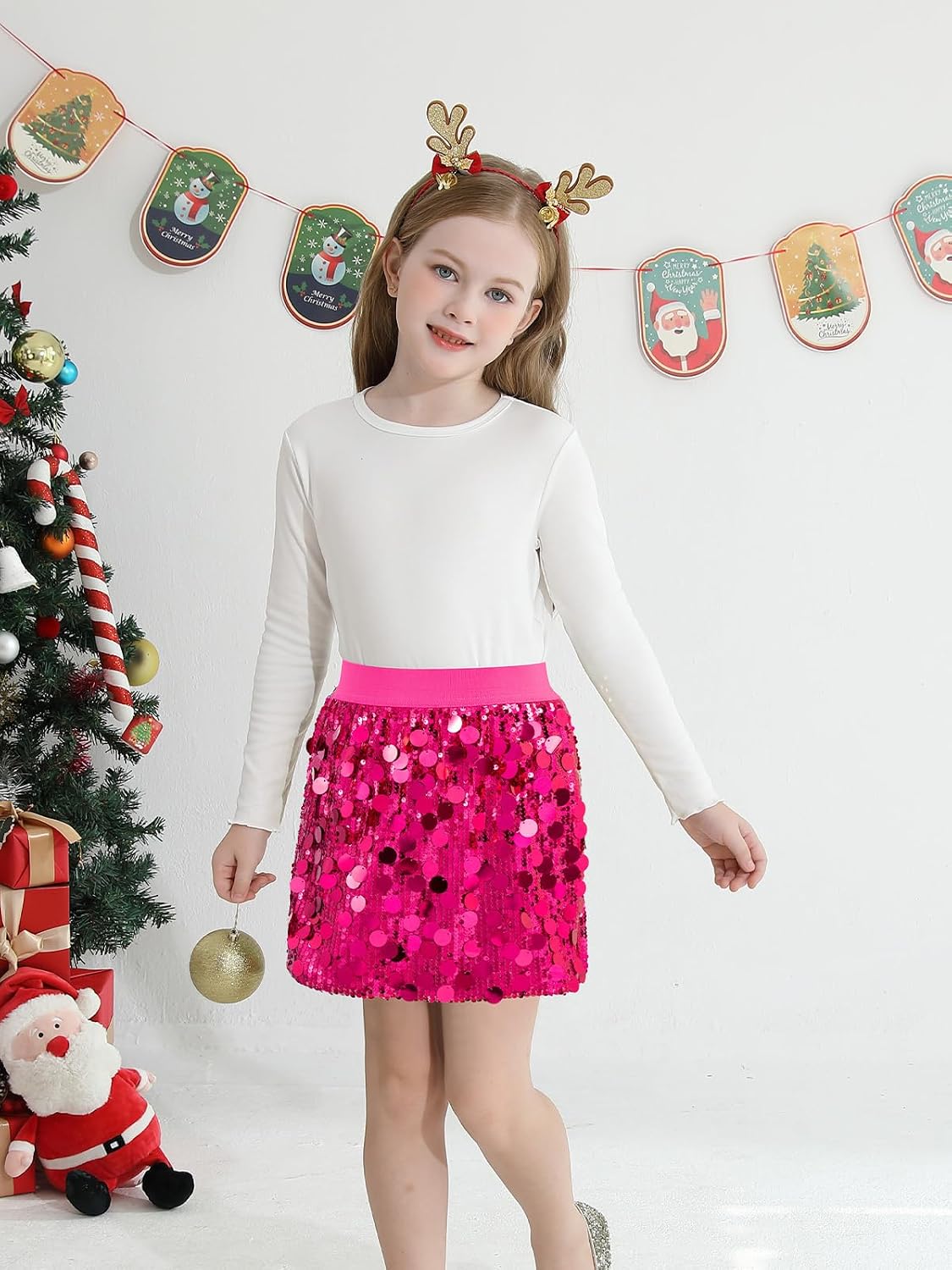 DAXIANG Girls Sparkly Sequin A Line Skirt Kids Elastics Waist Shiny Skirt with Built in Shorts for Party Birthday 5-12 Years