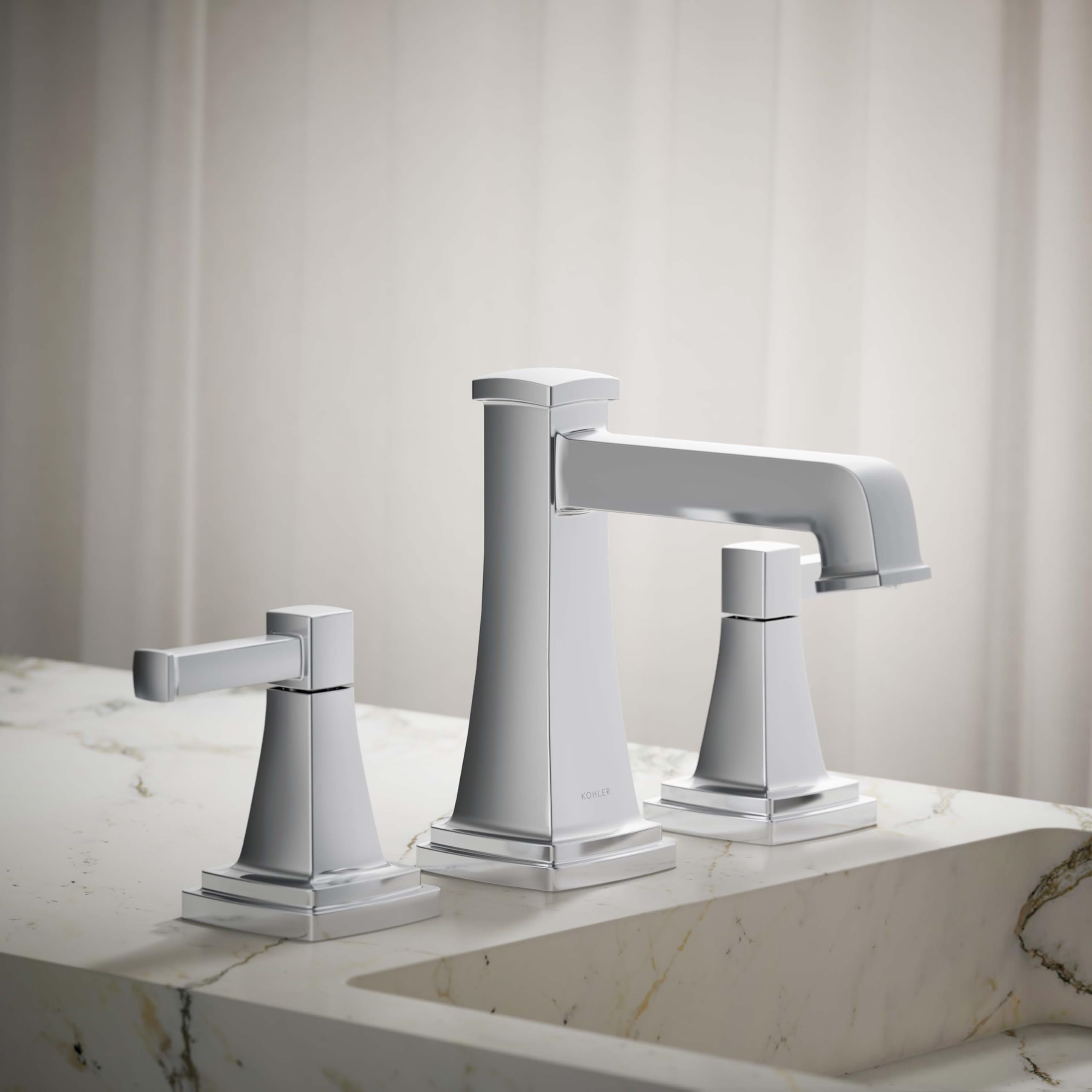 Kohler RIFF Waschbeckenarmatur In Poliertem Chrom – 2 Griffe, 4-15/16" Auslauf, 1,2 GPM Durchfluss, Mit Keramikventilen & Klicker-Ablauf