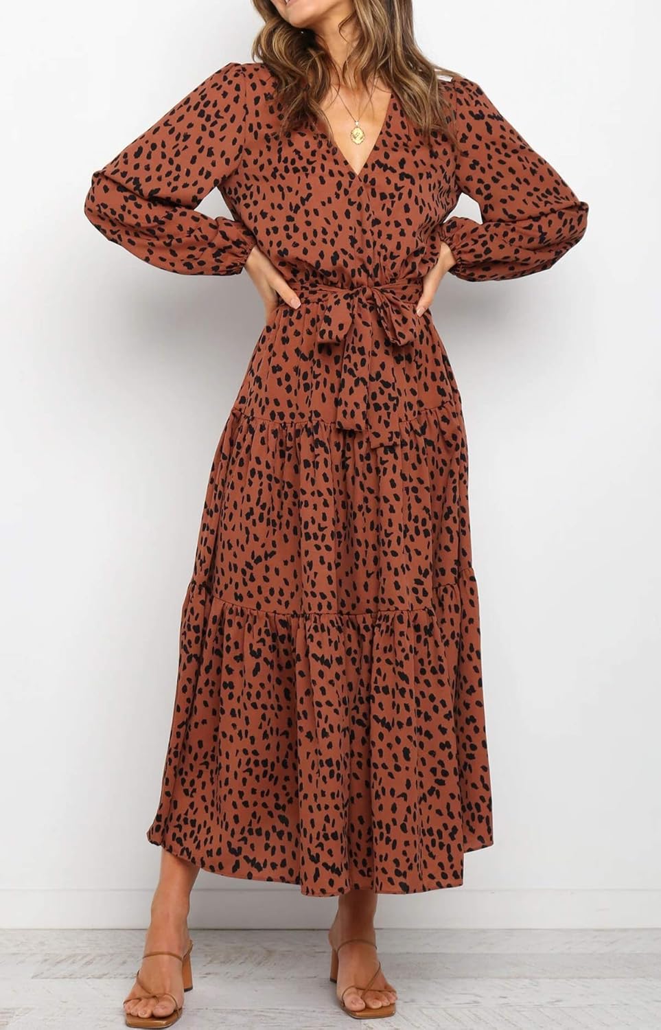 R.Vivimos Women's Fall Long Sleeve Casual Dresses Wrap V Neck Tiered Ruffle Flowy Midi Dress with Belt - Image 4