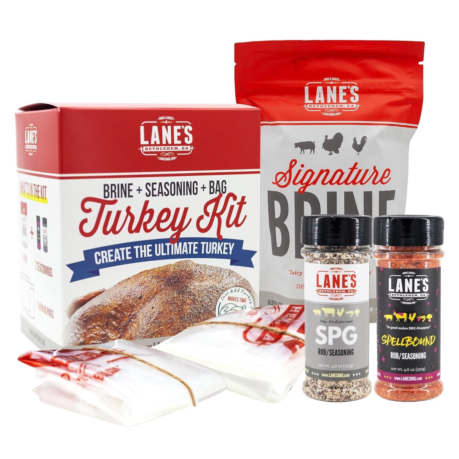 Lane's Ultimate Turkey Brine Kit with Bag - Includes 20 oz Signature Turkey Brine, SPG Seasoning, Spellbound Rub, and 2 XL Brining Bags - For Tender & Flavorful Meat - Gluten-Free, No MSG, Made in USA