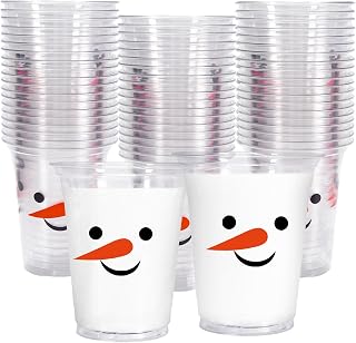 Whaline 50Pcs 12oz Christmas Snowman Disposable Cups Snowman Plastic Party Cups Black Orange Clear Plastic Glasses for Xmas Winter Holiday Drinks Party Supplies