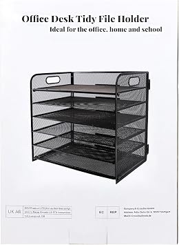 Paper Letter Tray with Handle, 5 Tier Metal Mesh Desk File Organizer, A4 Paper Desktop Filing Trays, Desk Tidy Magazine Document Holder for Home Office, Black