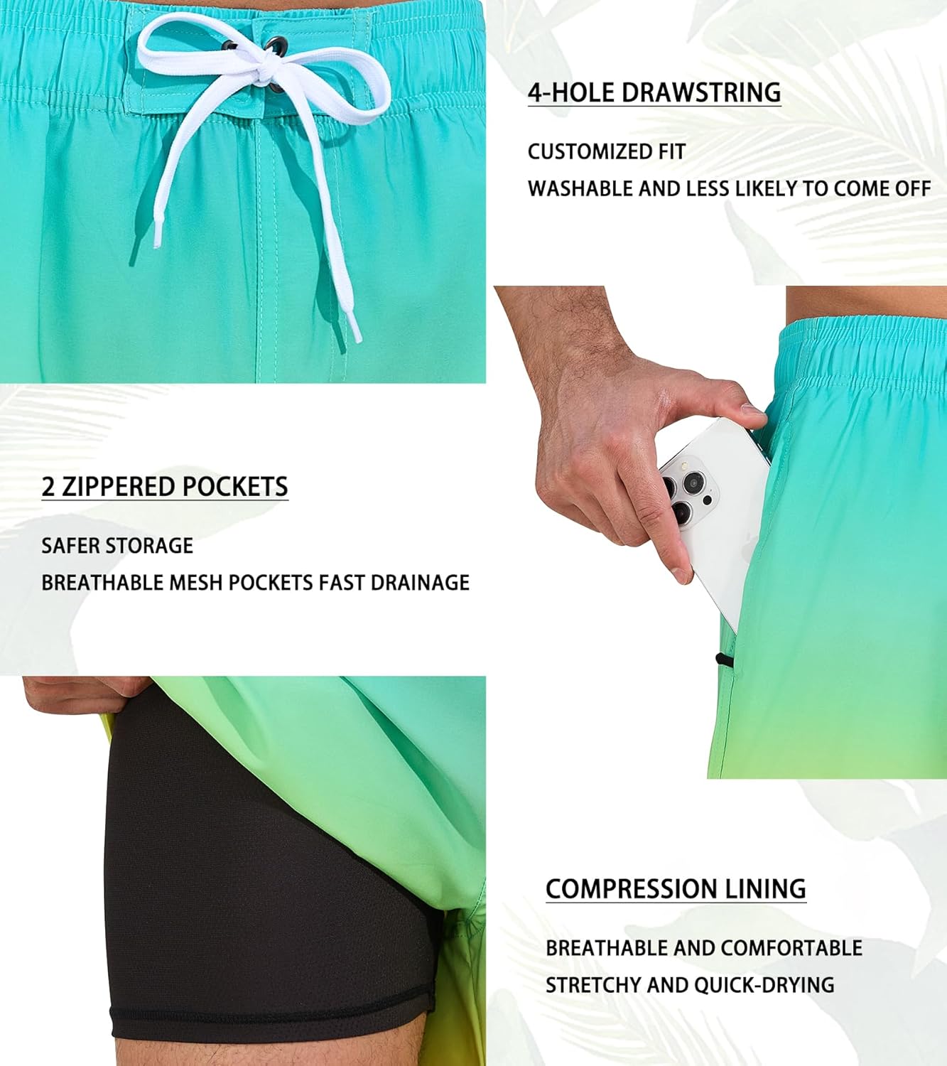 SILKWORLD Mens Swim Trunks 2 in 1 Quick Dry Bathing Suit with Compression Liner Beach Shorts with Zipper Pockets - Image 5