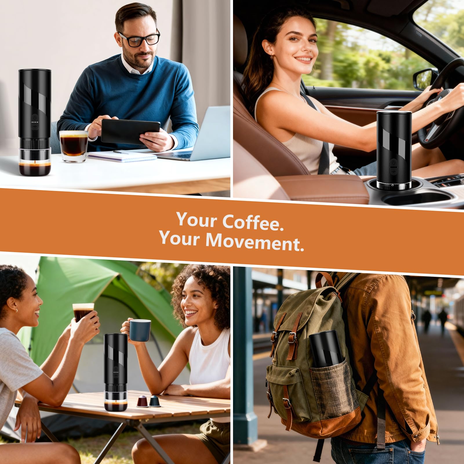 Cafetera Portátil, Depósito de 100 ml, Impermeable IPX5, 20 bar, Compatible con Cápsulas Nespresso Original y Café Molido, para Coche, Campamento y Oficina