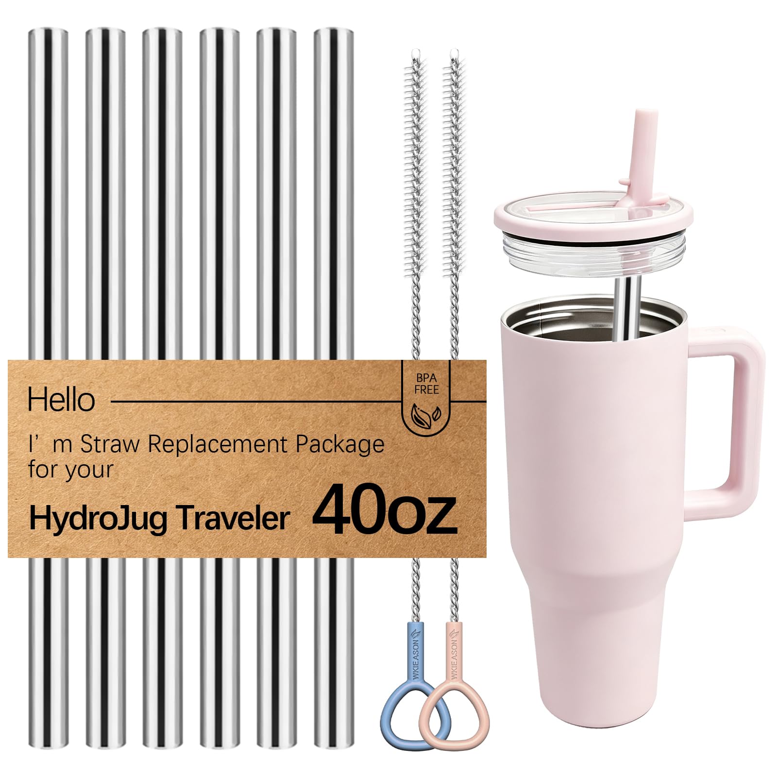 WK IEASON Reusable Straws Stainless Steel Straws for HydroJug Traveler 40oz, 6PCS Metal Straws for HydroJug Straw Replacement 40 oz with 2PCS Straw Cleaner Brushes As HydroJug Accessories — image 1