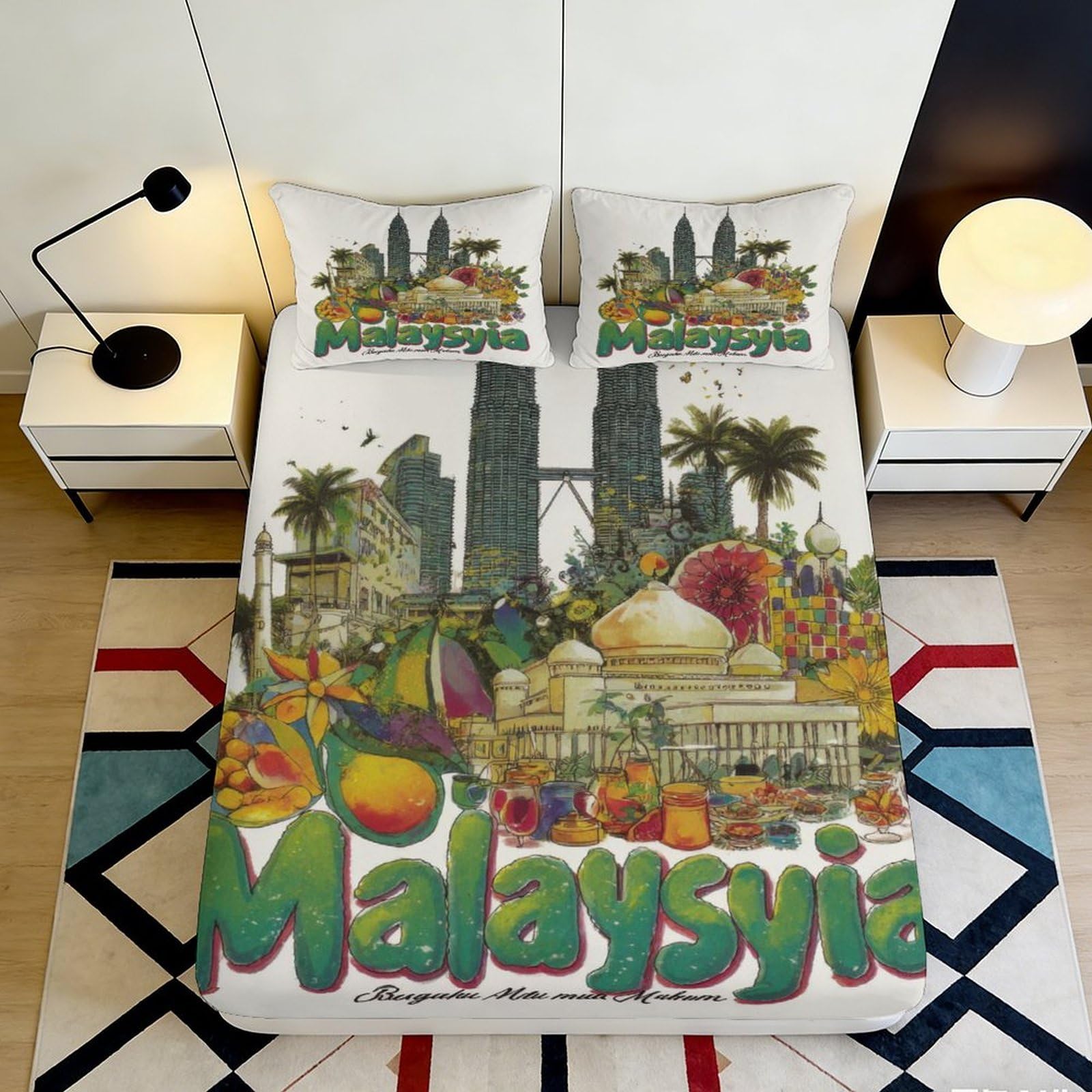 3D Printed Malaysia Cityscape Fitted Sheet Microfiber Soft Landmark Bed Cover for Bedroom Guest Room Home Decor 90x200x25cm