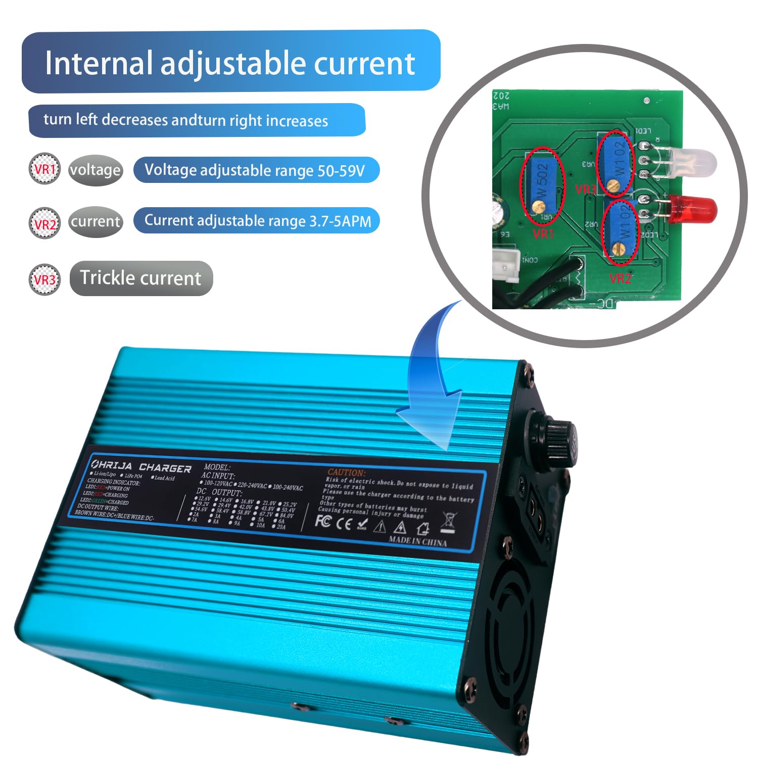 Cargador de batería de 54,6 V y 5 A para batería de Litio de 48 V, Fuente de alimentación de 48 V y 5 A, Exterior Azul con Conector XT60 Macho