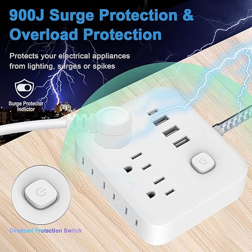 Miniatura 4 de Cable de extensión con protector de sobretensiones  Barra de alimentación trenzada de enchufe plano con 6 tomas amplias y 4 puertos USB (1 USB C),