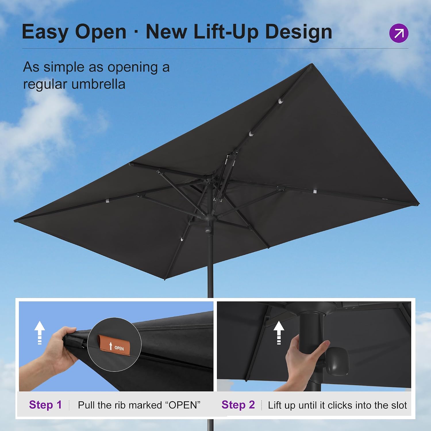 PURPLE LEAF 10' x 6.5' Rectangular Semi-Auto Outdoor Patio Umbrella Aluminium Market Umbrella Table Sun Umbrella with 1.89" Rod and 6 Sturdy Ribs for Deck Lawn Pool Garden, Gray