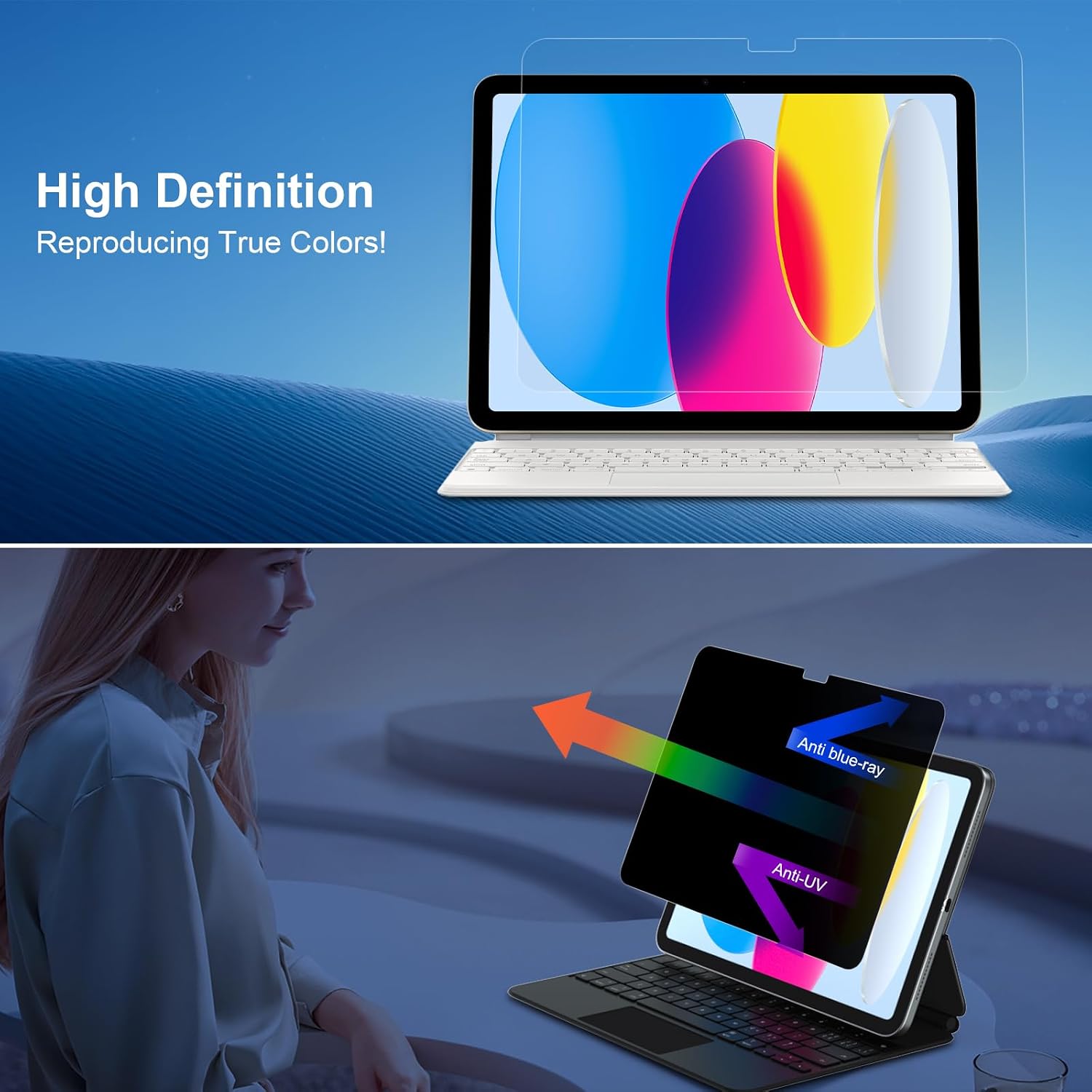 ZOEGAA Privacy Screen Protector For iPad A16 10.9 Inch/11 Inch 2022/2025 11th/10th Generation, Anti Blue Light And Glare Face Id & Apple Pencil Compatible Case Friendly