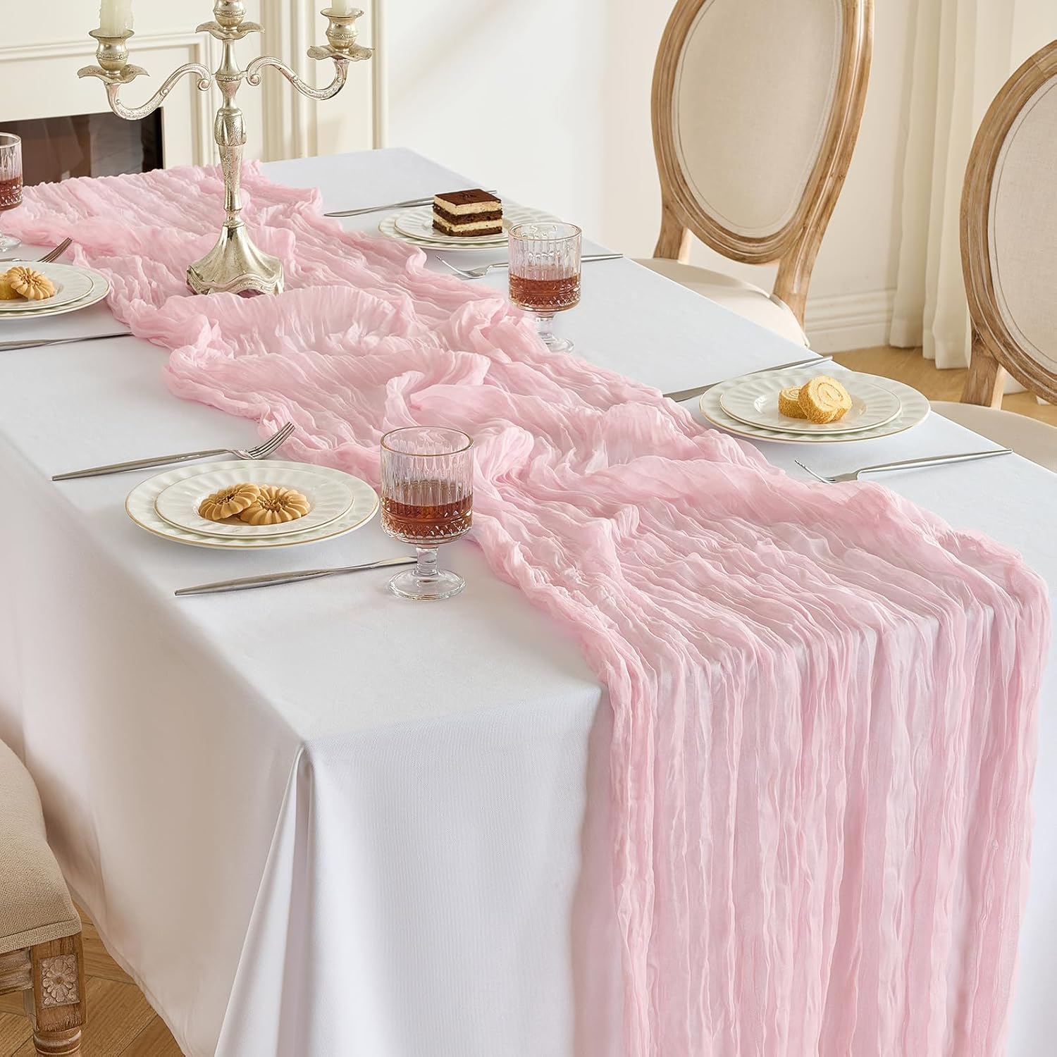 Fanami 1 Pack Cheesecloth Table Runner -10FT Blush Pink Boho Gauze Cheese Cloth Table Runner 120 Inches Long Rustic Sheer Fabric Centerpieces for Wedding Birthday Party Bridal Baby Shower Decorations Blush Pink 10FT*1PC