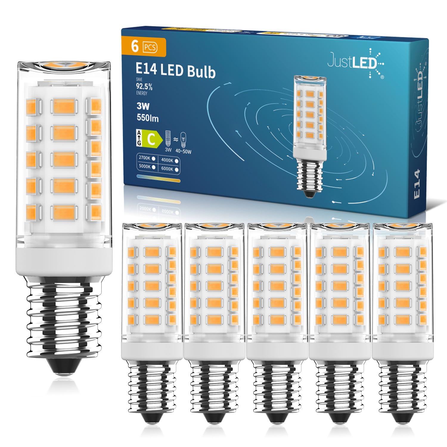 JustLED E14 LED Light Bulb, Small Screw Light Bulbs Warm White 2700K, 500LM, AC 220-240V, 3W E14 Bulbs (30-40W Equivalent), Class C, Pack of 6 (2700K Warm White 6 Pack)