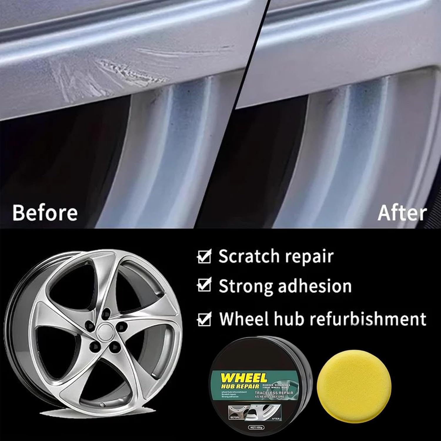 Wheel Hub Scratch Paste, 50g Rim Scratch Repair for Car Auto Detailing with Swirl Removal, Polishing Paste for Motorcycle Truck Marine Vehicles Includes Sponge for Easy Application