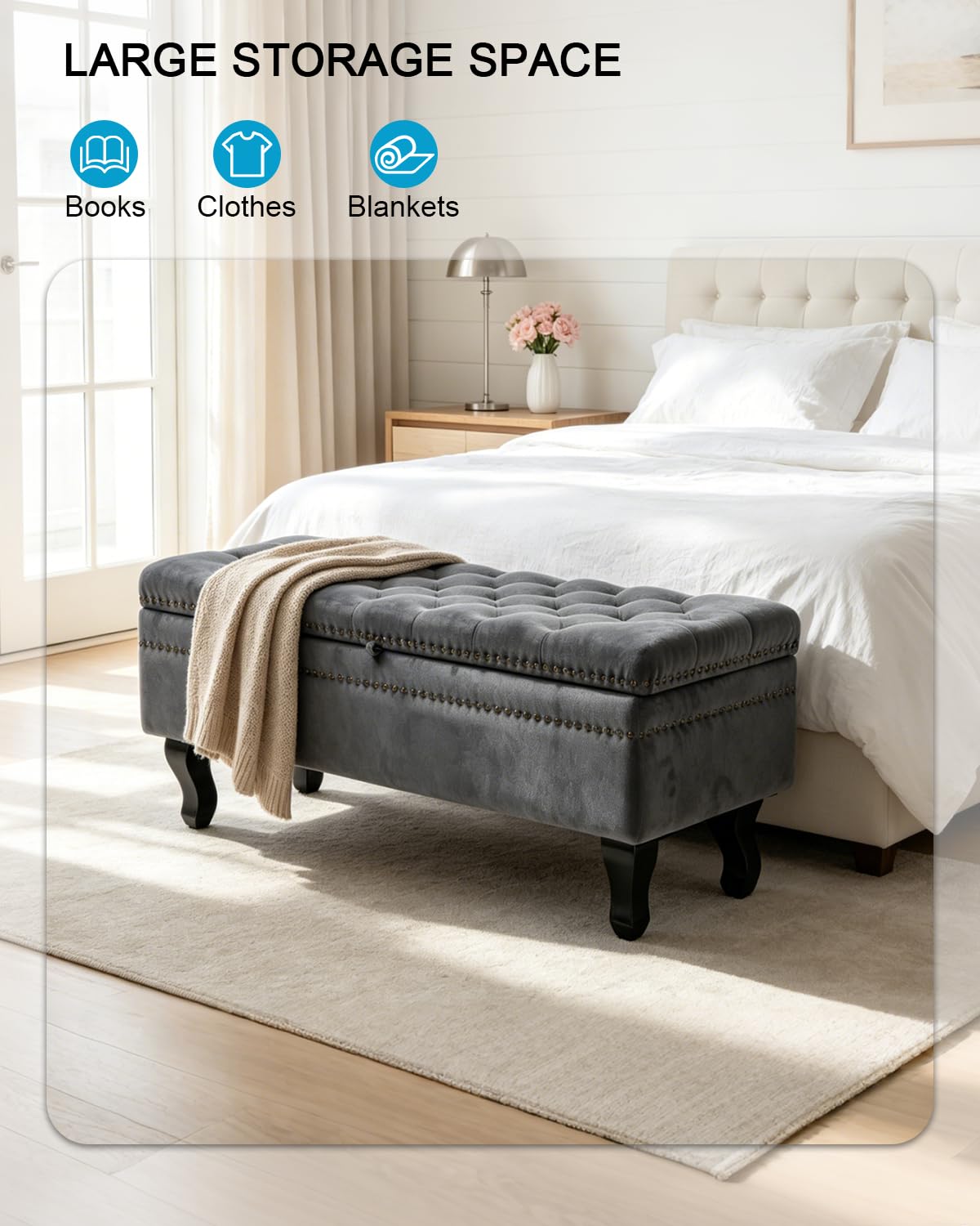Sitzbank Sitztruhe mit Stauraum, Samt Aufbewahrungsbank, Bettbank, Truhenbank, Polsterbank Hockerbank für Wohnzimmer, Schlafzimmer, Flur, bis 300 kg Belastbar, 103.5 x 37 x 45cm, Grau