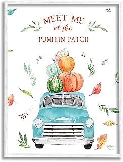Stupell Industries Pumpkin Patch Seasonal Leaves Botanicals Blue Truck, Design by Heatherlee Chan