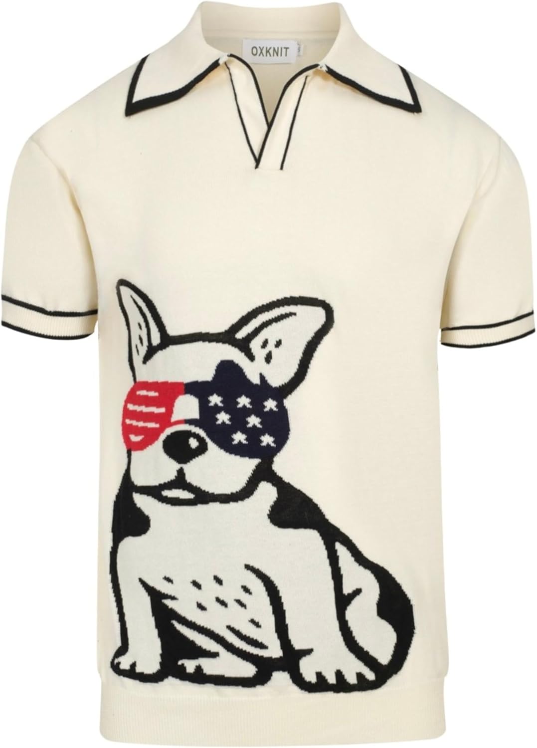 OXKNIT Men's Retro White Knitted Poloshirt, 1960s Mod Vintage Animal Pattern Polo V-Neck Cotton Short Sleeve