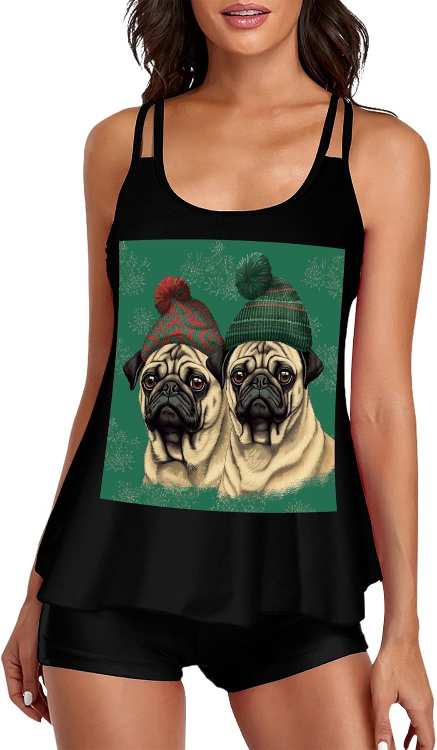 Two Pugs Wearing Hats Tankini Swimsuits for Women Tummy Control Two Piece Bathing Suits Swim Tops with Boy Shorts