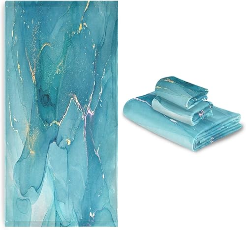 Miniatura 7 de ALAZA Juego de 3 toallas de baño de arte fluido abstracto de mármol azul, 1 toalla de baño, 1 toalla de mano, 1 toallita suave, multiusos para baño,