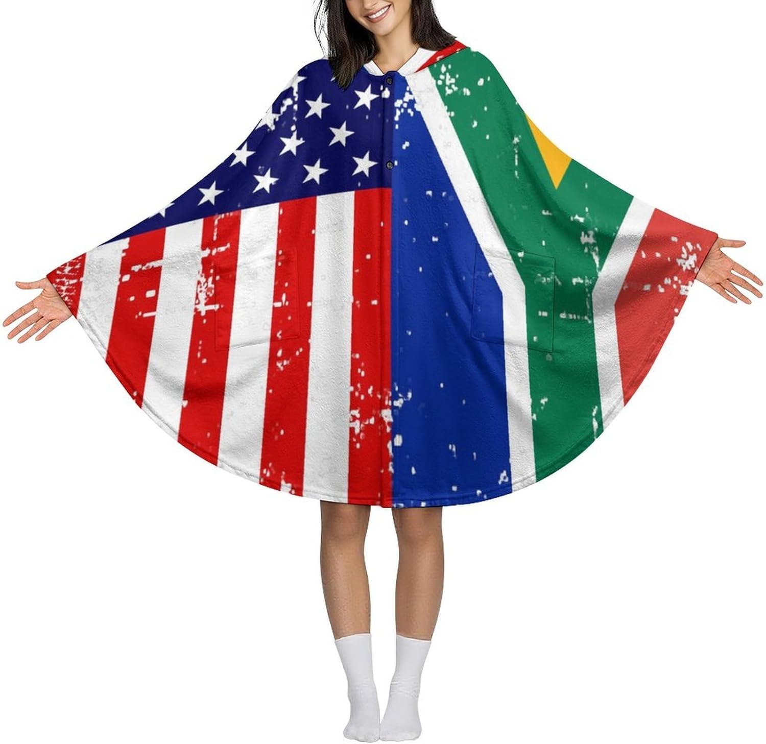 U.S.A South African Flag Wearable Blanket with Hooded Flannel Blankets Cape with Pocket