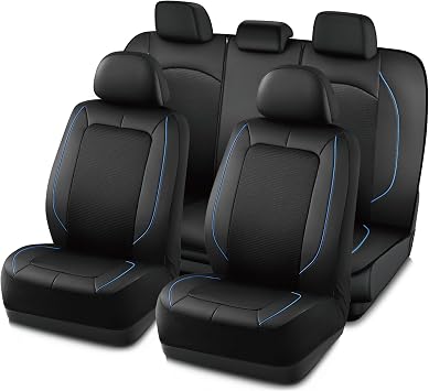 PIC AUTO Car Seat Cover, Pinping Leather and Mesh Seat Cover for Cars, Stylish Two-Tone Design Full Set Seat Covers, Breathable, Universal Fit,Comfortable and Durable SUVs, and TrucksBlue