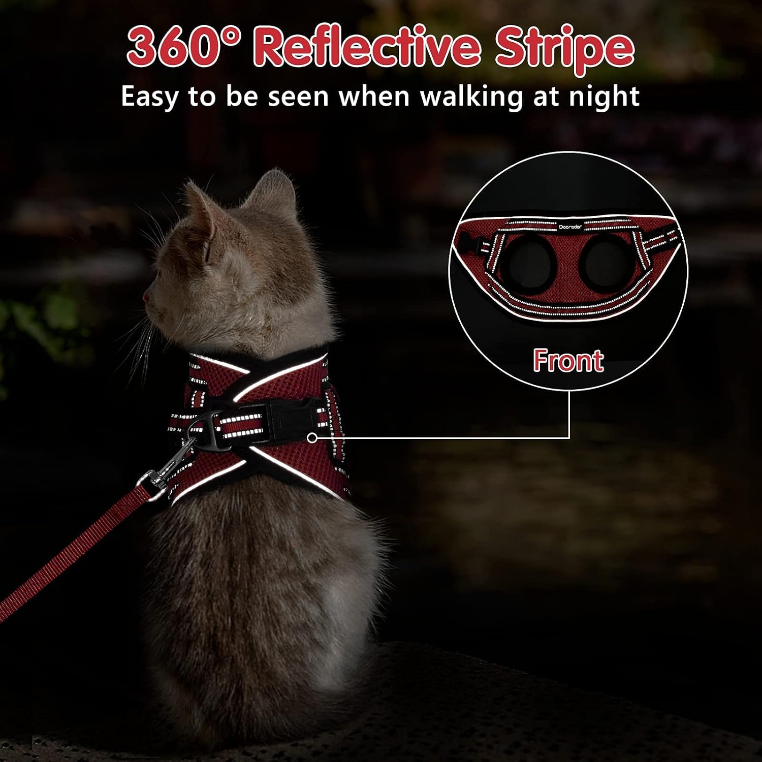 Dooradar Cat Harness and Leash, Adjustable Escape Proof Kitten Harness with Reflective Strip, Soft Breathable Air Mesh Vest for Small Medium Cats, Easy Control Cat Jacket for Walking Training