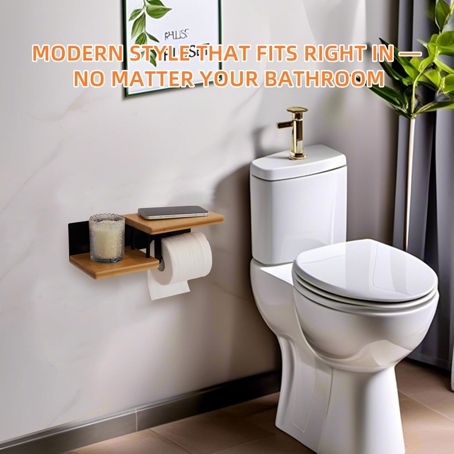 Wooden Toilet Paper Holder with Phone Shelf, Wall Mount and Adhesive Mount Wood Tissue Paper Roll Holder with Wipes Storage, Rustic Porta Papel de baño for Bathroom (Stainless Steel,Bamboo)