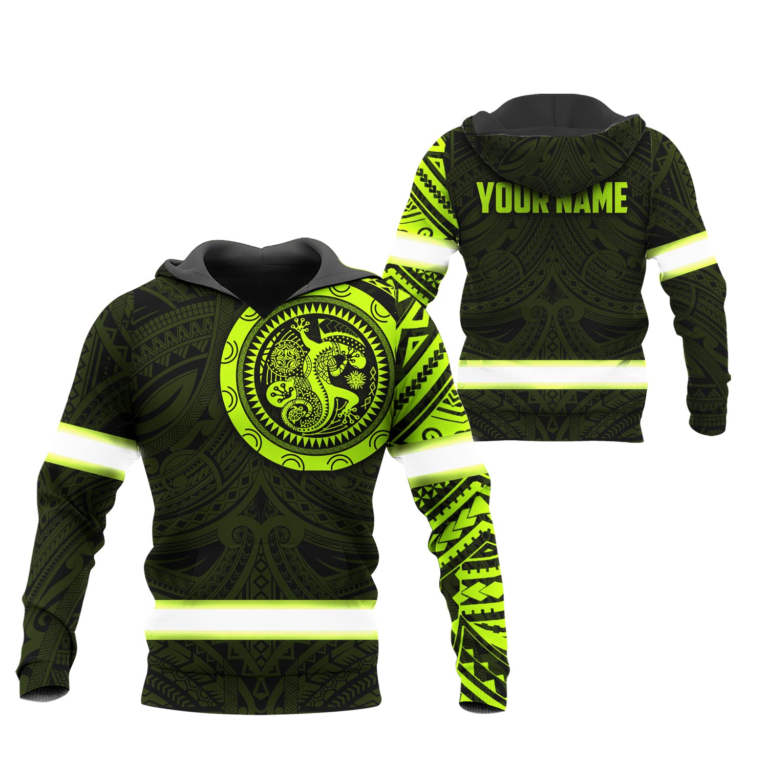 Matedecor High Visibility Hoodie Men Reflective Safety Hoodie Gecko Hawaiian Polynesian Tribal Custom Name Workwear for Worker, Runners, Walkers, Truckers